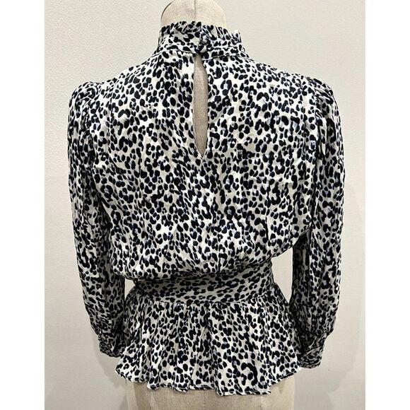 Zara Leopard Peplum Belted Blouse in Black/Blue Size XS - Picture 3 of 4